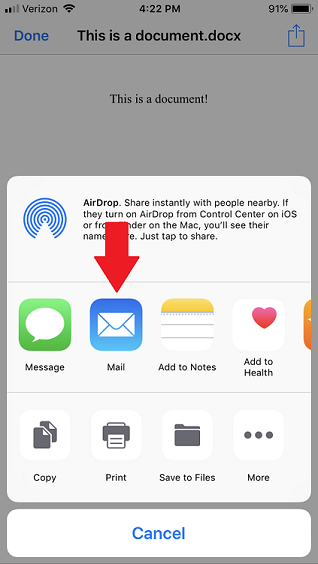 An arrow points to the email icon on an iPhone
